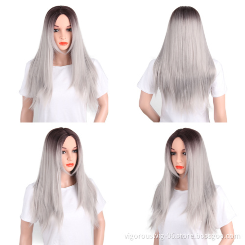 Vigorous Middle Part Straight Synthetic Wig Ombre Dark Root To Silver White Wig Heat Resistant Fiber Long Cosplay Wig For Women